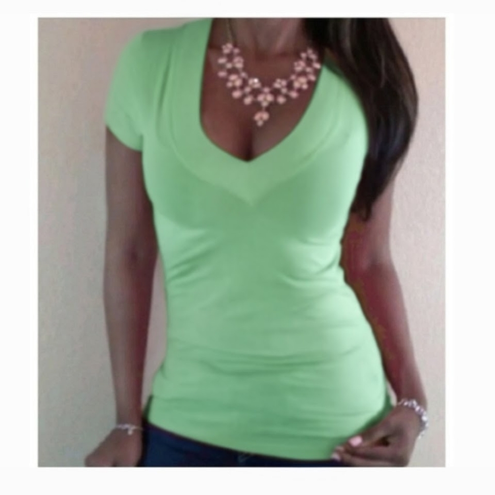 Sage green vneck lowcut short sleeve fitted solid shirt sexy fitted tee top
